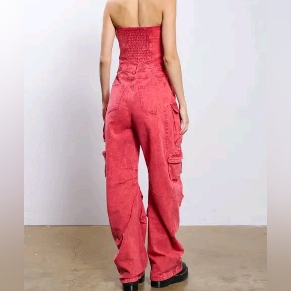 Strapless Washed Red Cargo Jumpsuit Utility Pocket Y2K Streetwear Festival - Picture 2 of 15